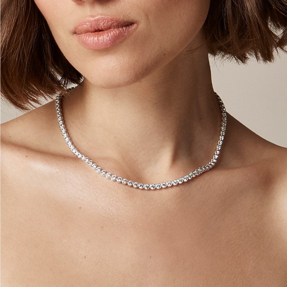 J CREW bezel set Silver (RHODIUM)  Tennis necklace EUC